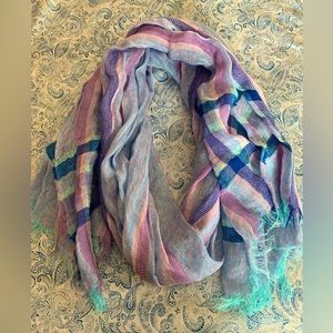 J. Crew Italian Linen Cotton Shawl Wrap Scarf Blue Purple Pink Plaid Vintage HTF